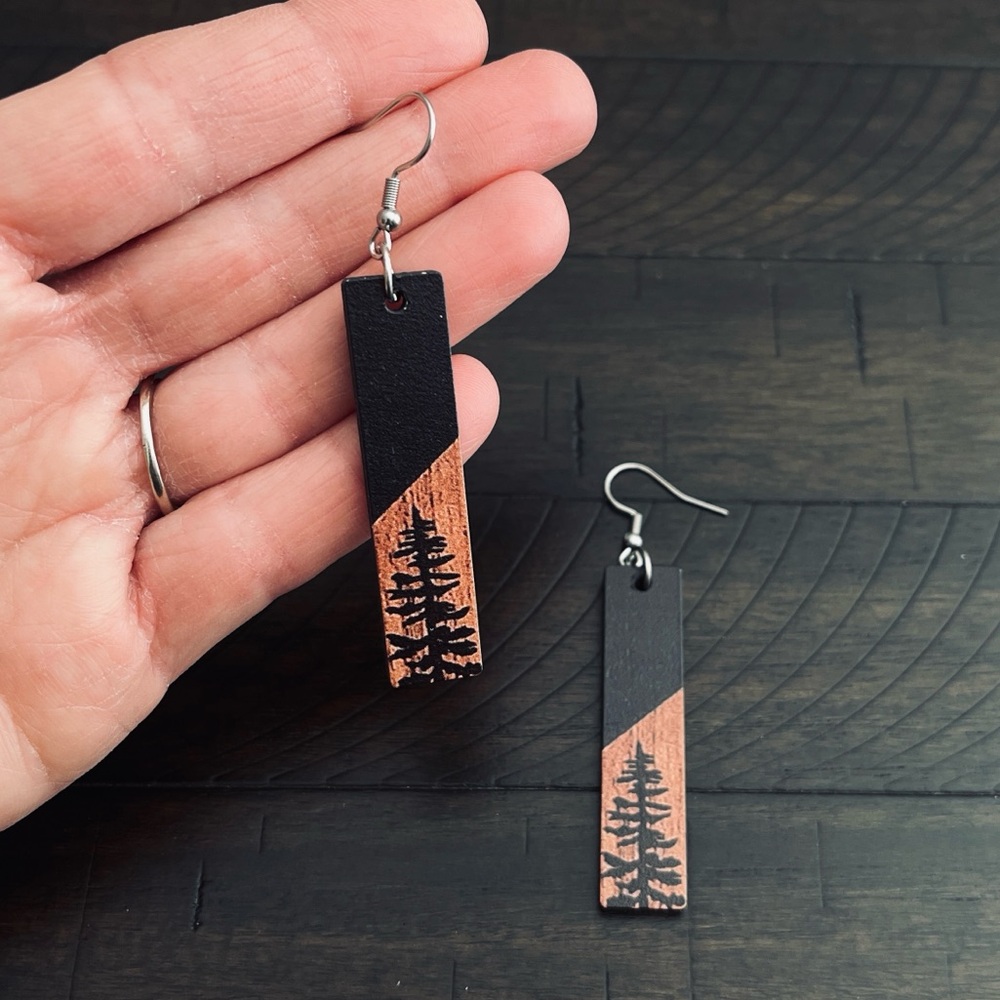 Pine Tree Drop Earrings - Black and Brown